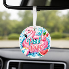 Pool Days Flamingo - Round Car Charm in white