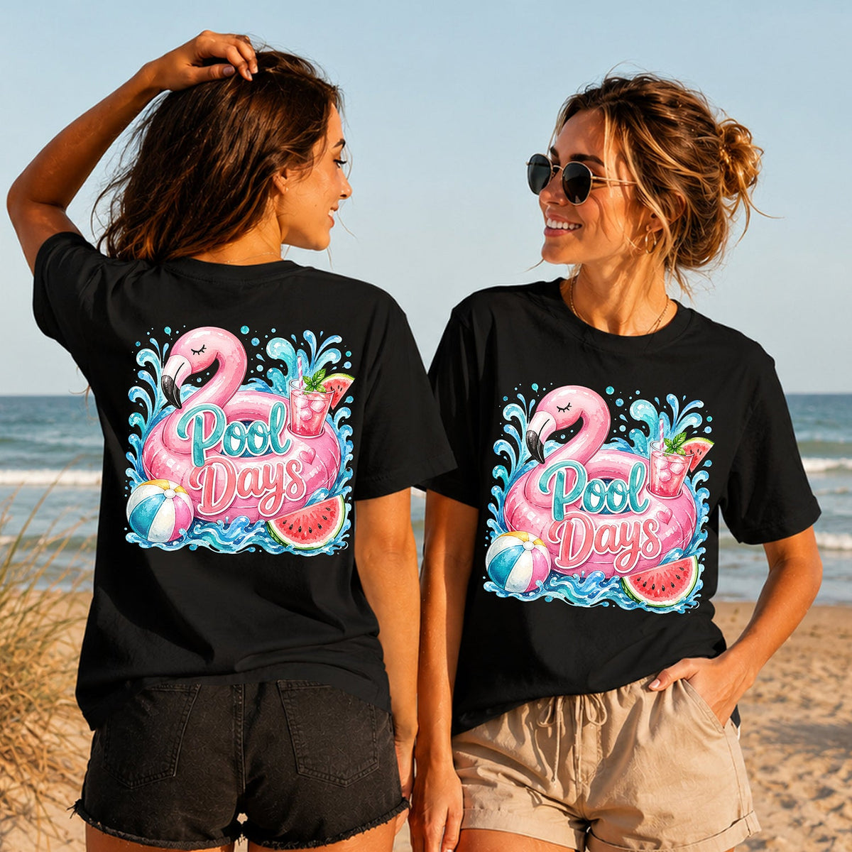 Pool Days Flamingo - Women's T-Shirt in black, showing alternative back and front print placements on the beach