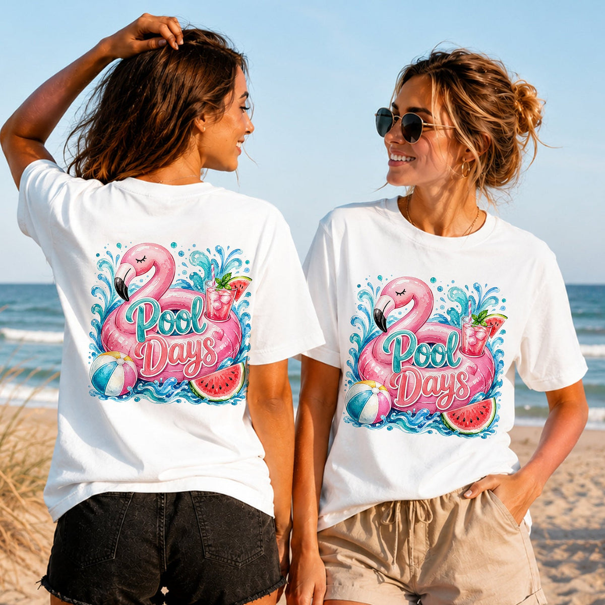 Pool Days Flamingo - Women's T-Shirt in white, showing alternative back and front print placements on the beach