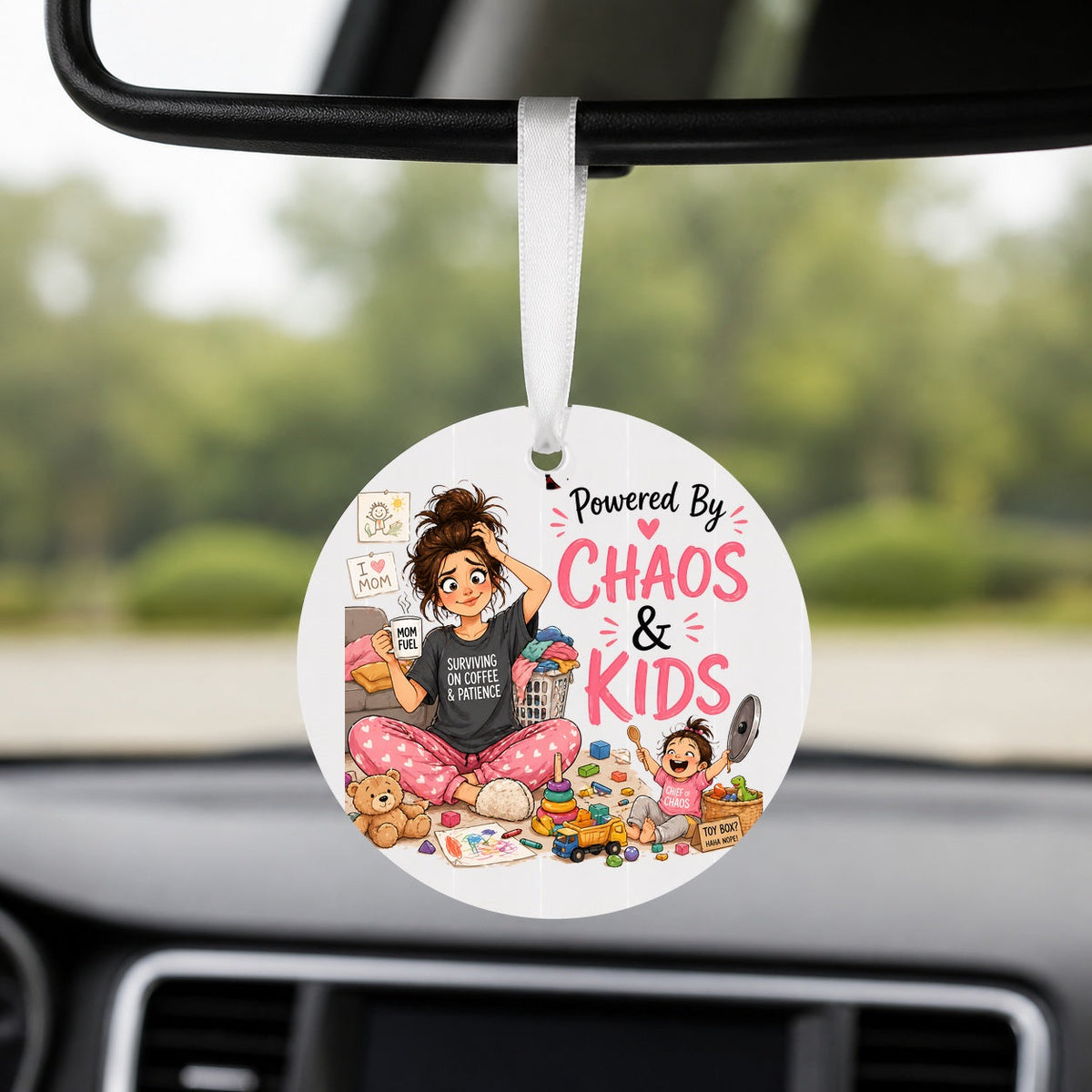 Powered by Chaos and Kids - Round Car Charm in white
