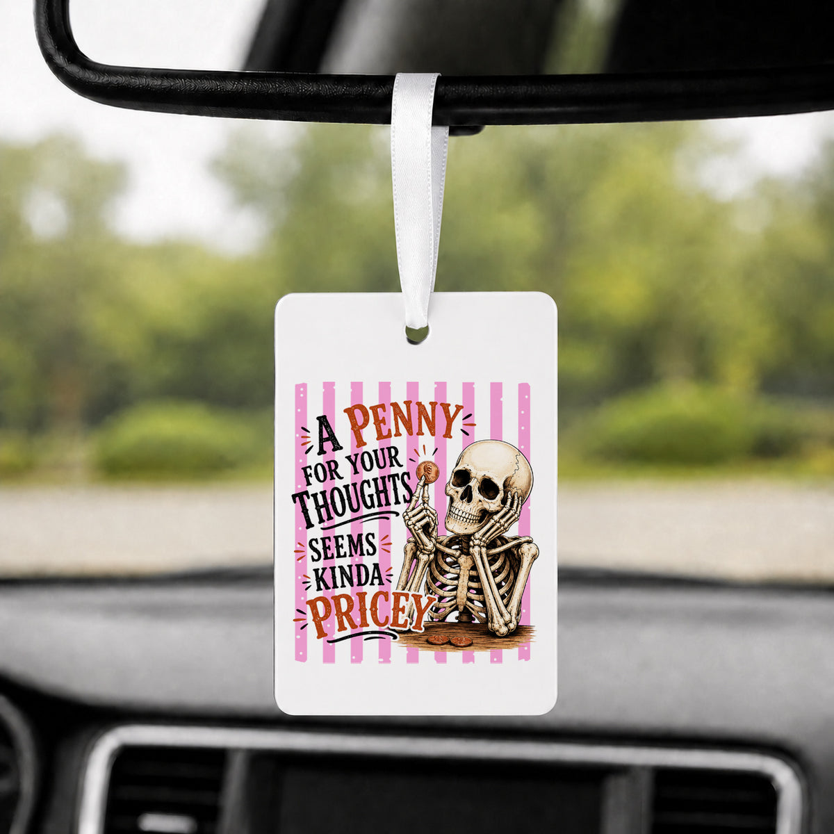 Pricey Thoughts Skeleton - Rectangle Car Charm in white