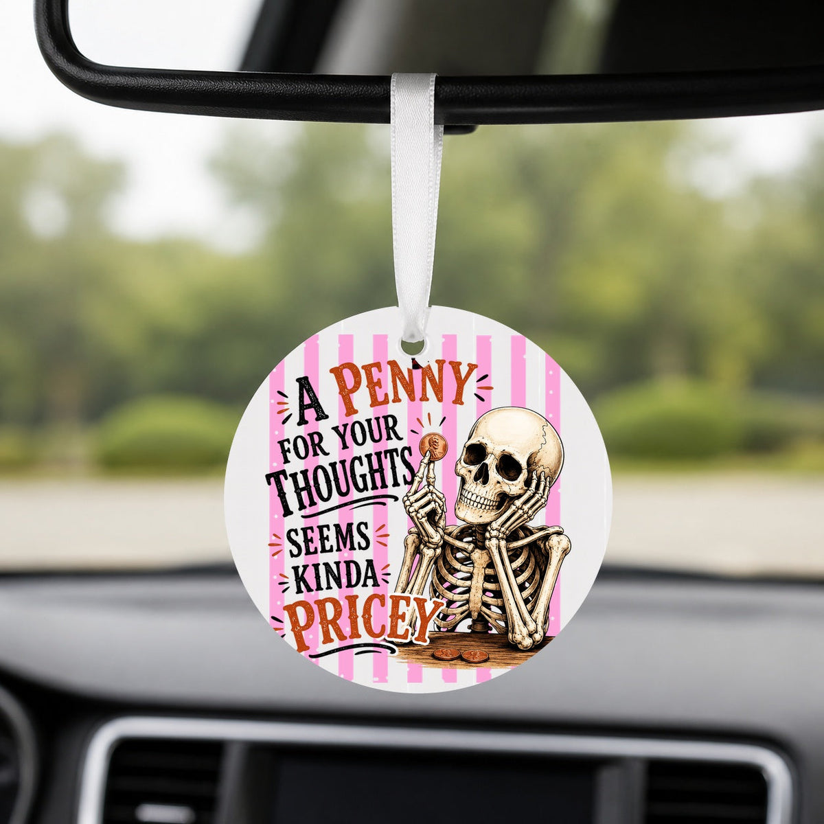 Pricey Thoughts Skeleton - Round Car Charm in white