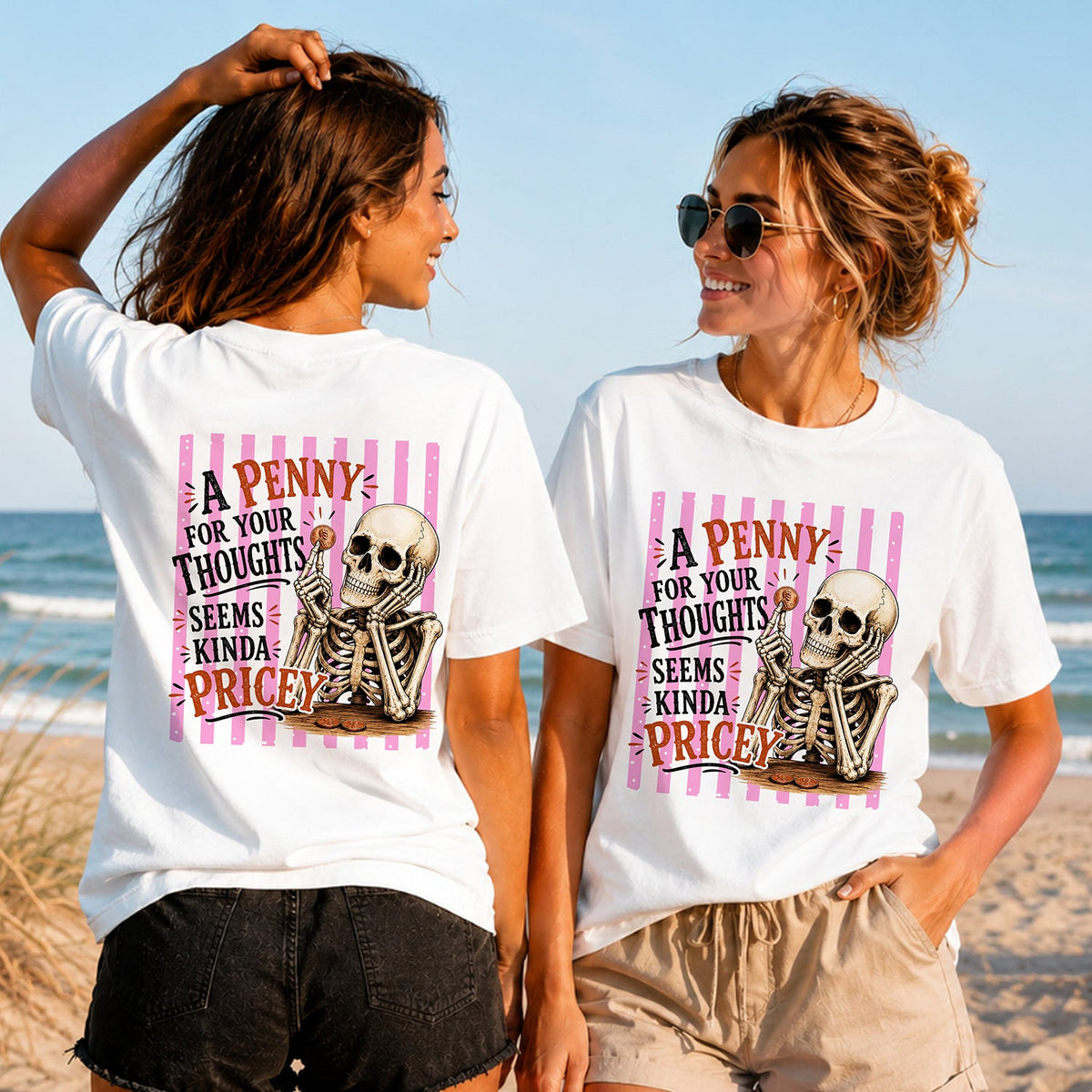 Pricey Thoughts Skeleton - Women's T-Shirt in white, showing alternative back and front print placements on the beach