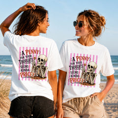 Pricey Thoughts Skeleton - Women's T-Shirt in white, showing alternative back and front print placements on the beach