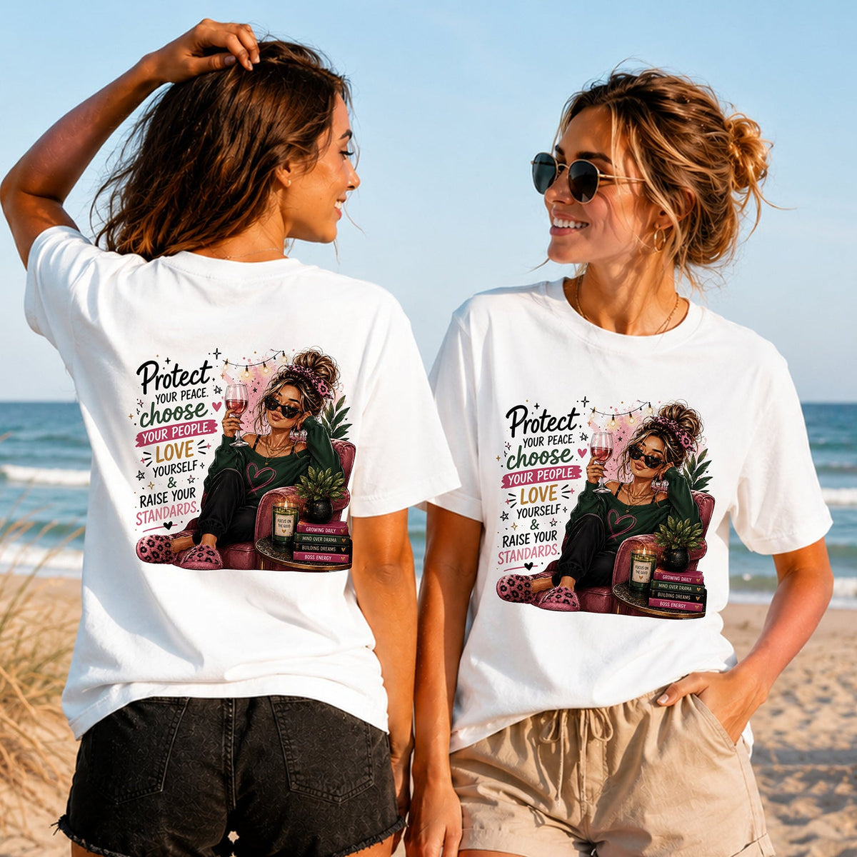 Protect Your Peace - Women's T-Shirt in white, showing alternative back and front print placements on the beach