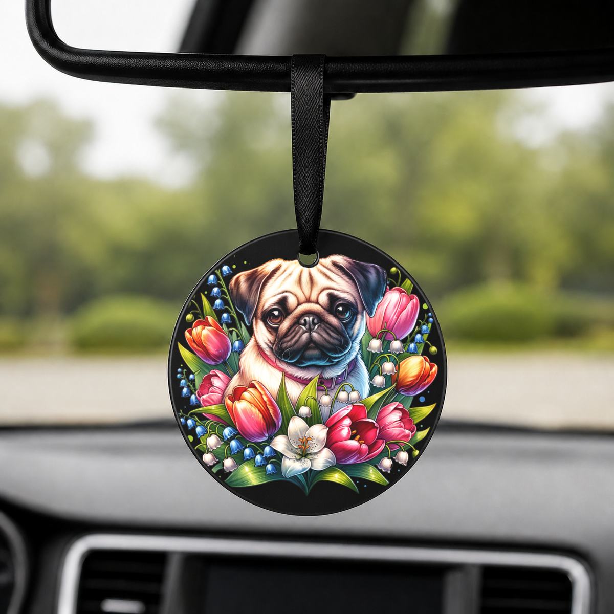 Pug With Tulips - Round Car Charm in black