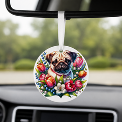 Pug With Tulips - Round Car Charm in white