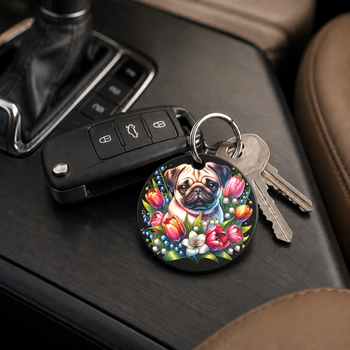 Pug With Tulips - Keychain in black