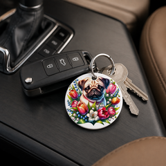 Pug With Tulips - Keychain in white