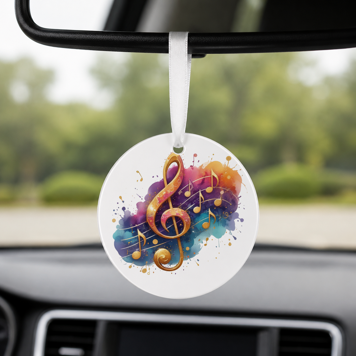 Purple Gold Treble Clef Splash - Round Car Charm in white