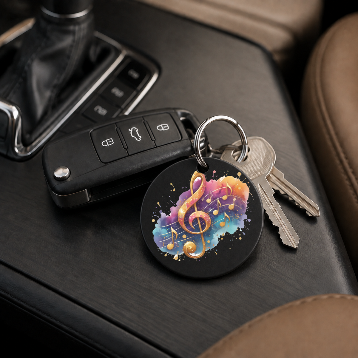 Purple Gold Treble Clef Splash - Keychain in black