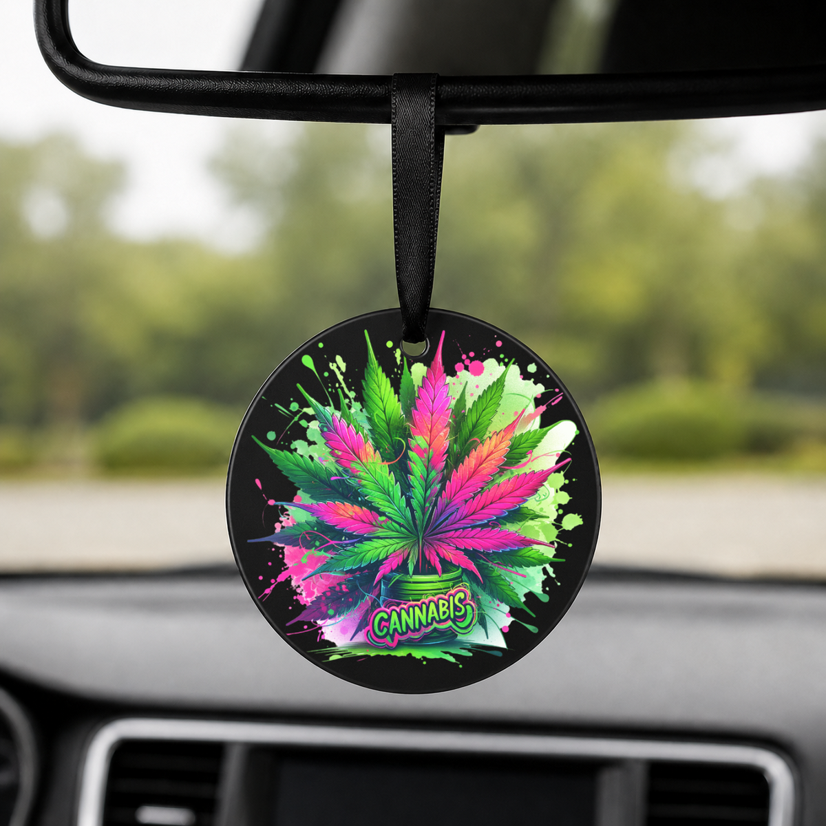 Rainbow Cannabis Leaf Bouquet - Round Car Charm in black