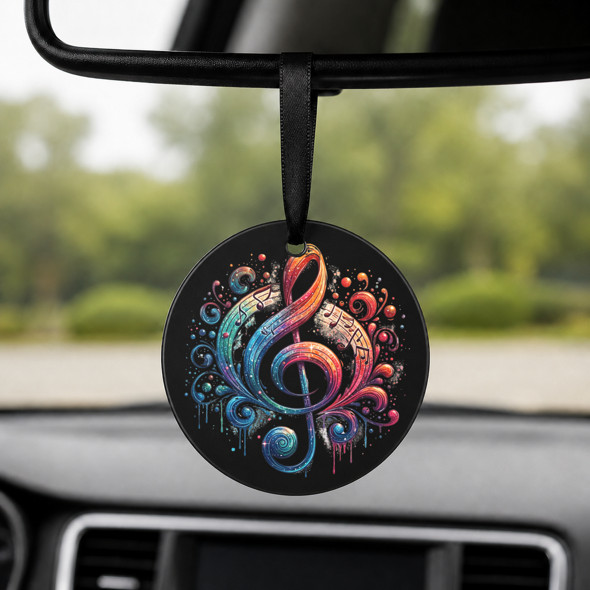 Rainbow Treble Clef - Swirl Sparkle - Round Car Charm in black