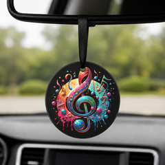 Rainbow Treble Clef Bubbles - Round Car Charm in black