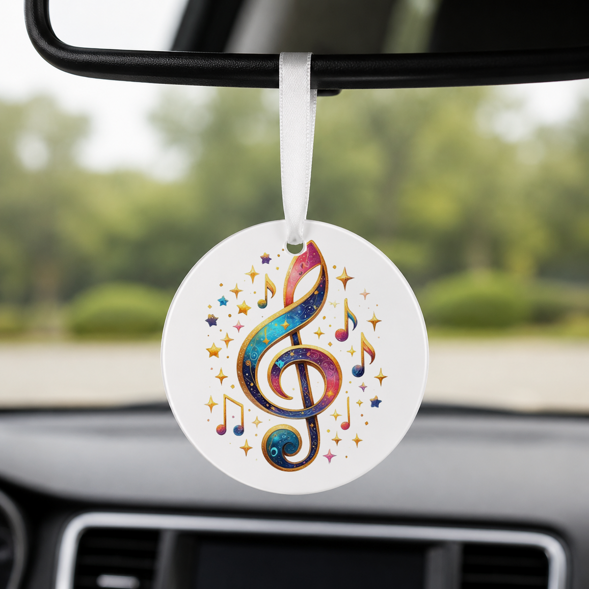 Rainbow Treble Clef Stars - Round Car Charm in white