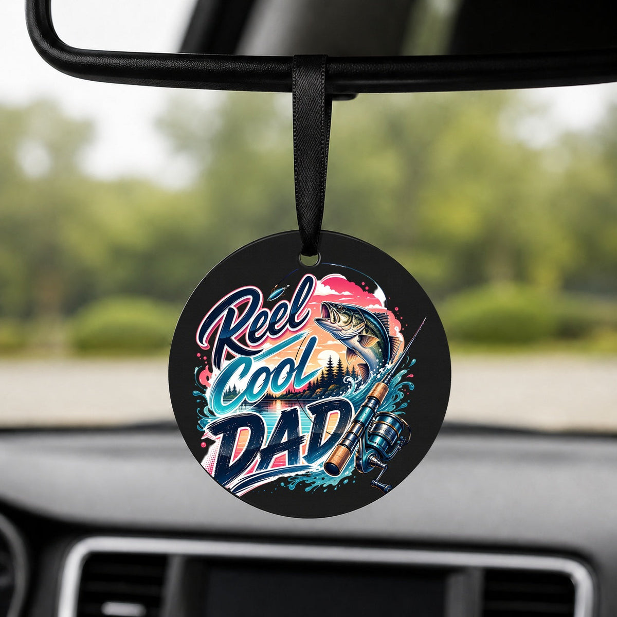 Reel Cool Dad - Neon Bass - Round Car Charm in black
