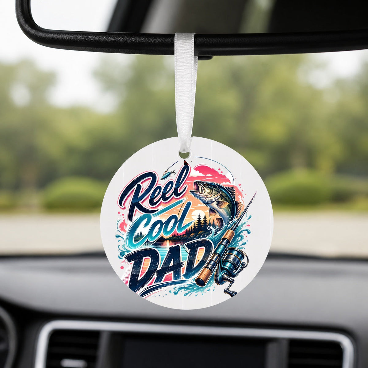 Reel Cool Dad - Neon Bass - Round Car Charm in white