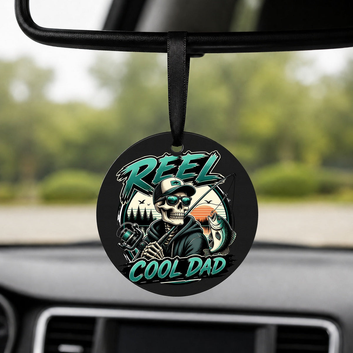 Reel Cool Dad - Skeleton - Round Car Charm in black