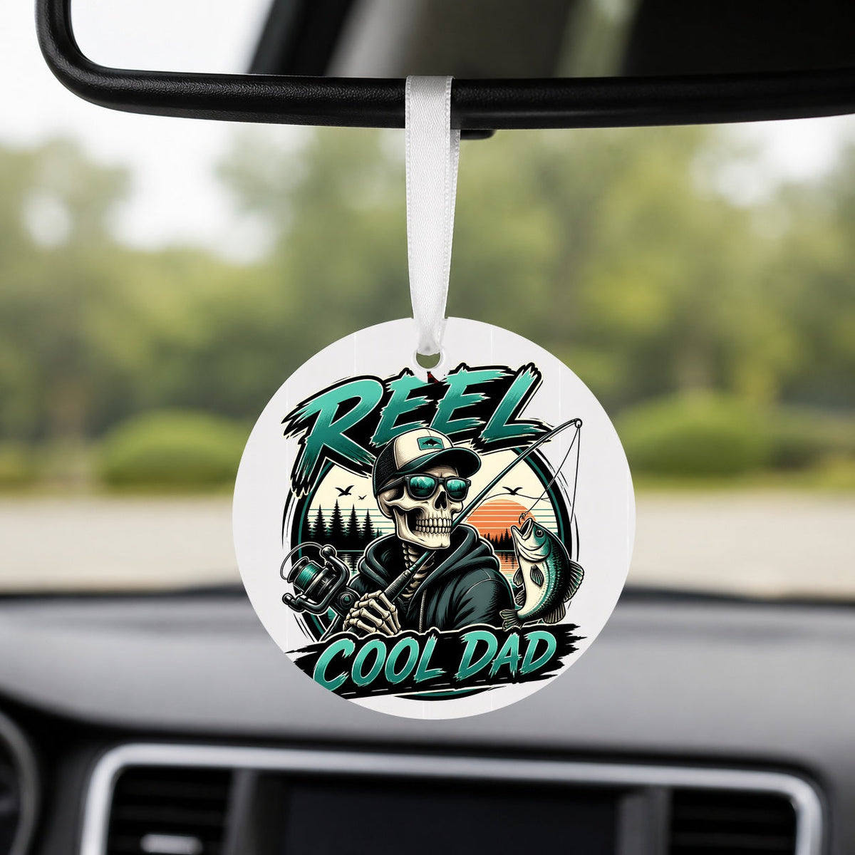 Reel Cool Dad - Skeleton - Round Car Charm in white