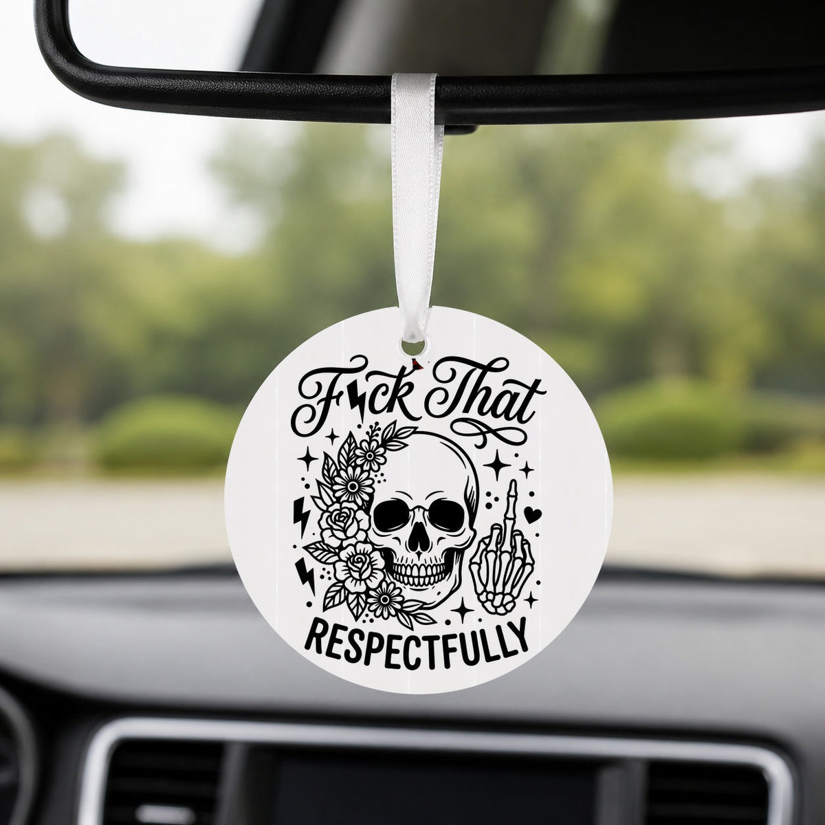 Respectfully Unbothered - Black Skull - Round Car Charm in white