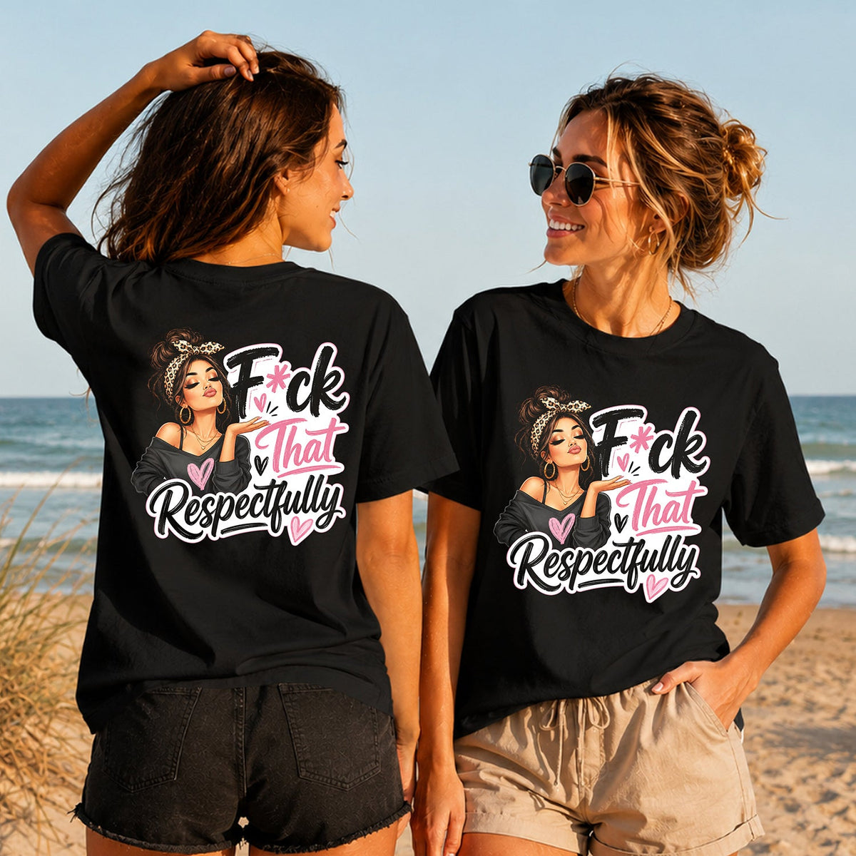 Respectfully Unbothered - Coffee Girl - Women's T-Shirt in black, showing alternative back and front print placements on the beach
