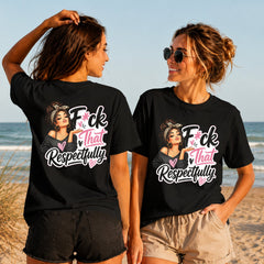Respectfully Unbothered - Coffee Girl - Women's T-Shirt in black, showing alternative back and front print placements on the beach