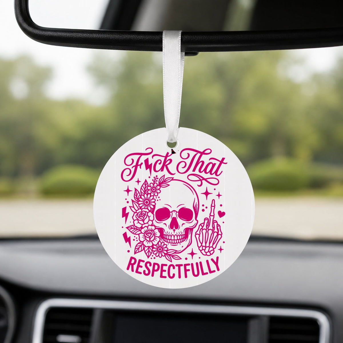 Respectfully Unbothered - Pink Skull - Round Car Charm in white