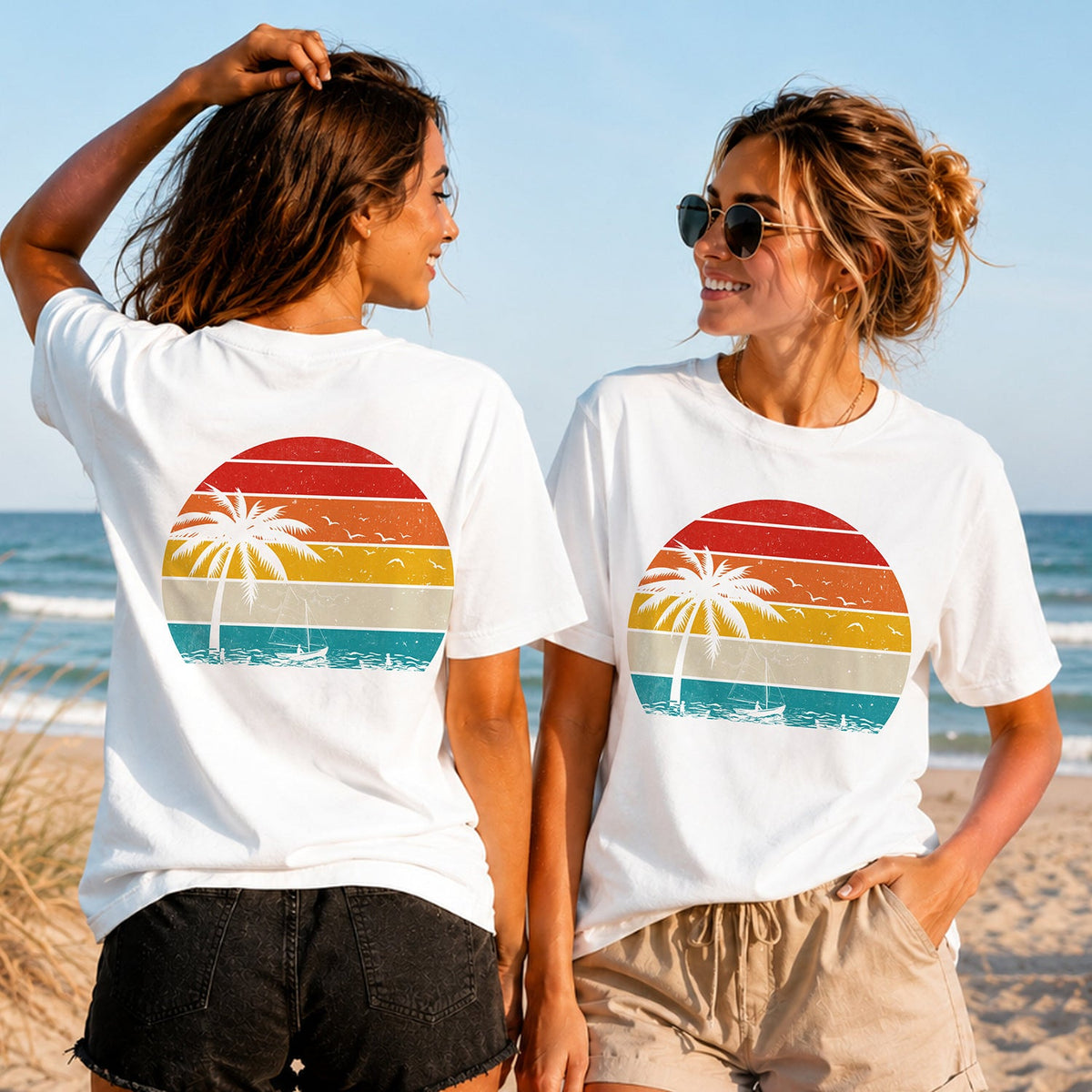 Retro Summer Sunset - Women's T-Shirt in white, showing alternative back and front print placements on the beach