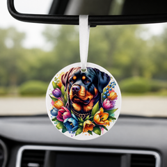 Rottweiler With Tulips - Round Car Charm in white