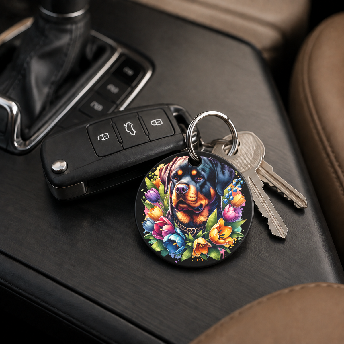 Rottweiler With Tulips - Keychain in black