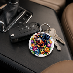 Rottweiler With Tulips - Keychain in white