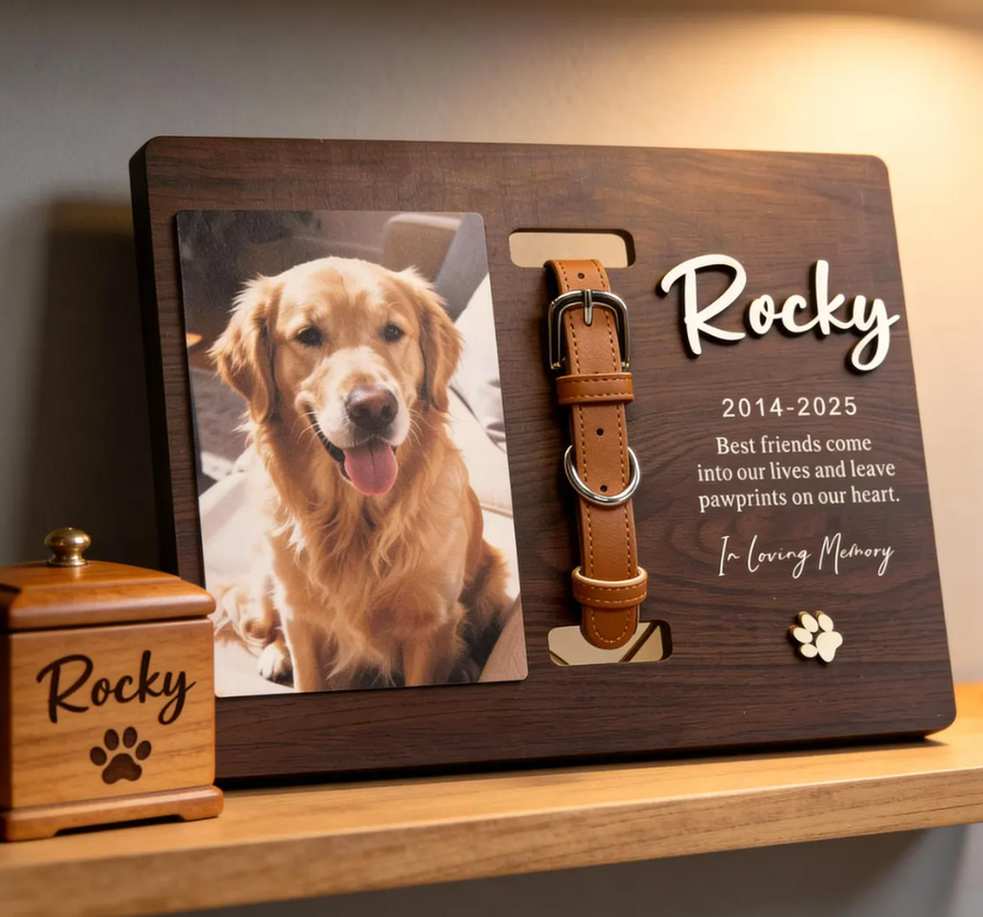 Memorial Pet Collar Sign - Custom Dog Memorial Wood Frame w Collar Holder, Name, Date & Quote