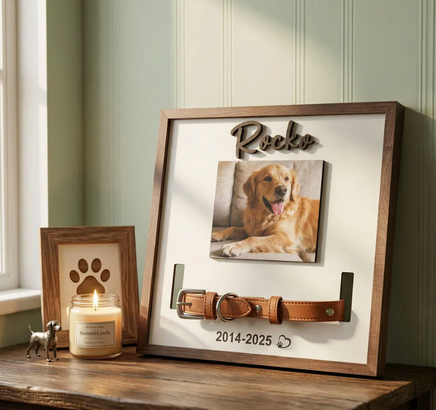 Memorial Pet Collar Sign - Custom Dog Memorial Wood Frame w Collar Holder, Name & Date