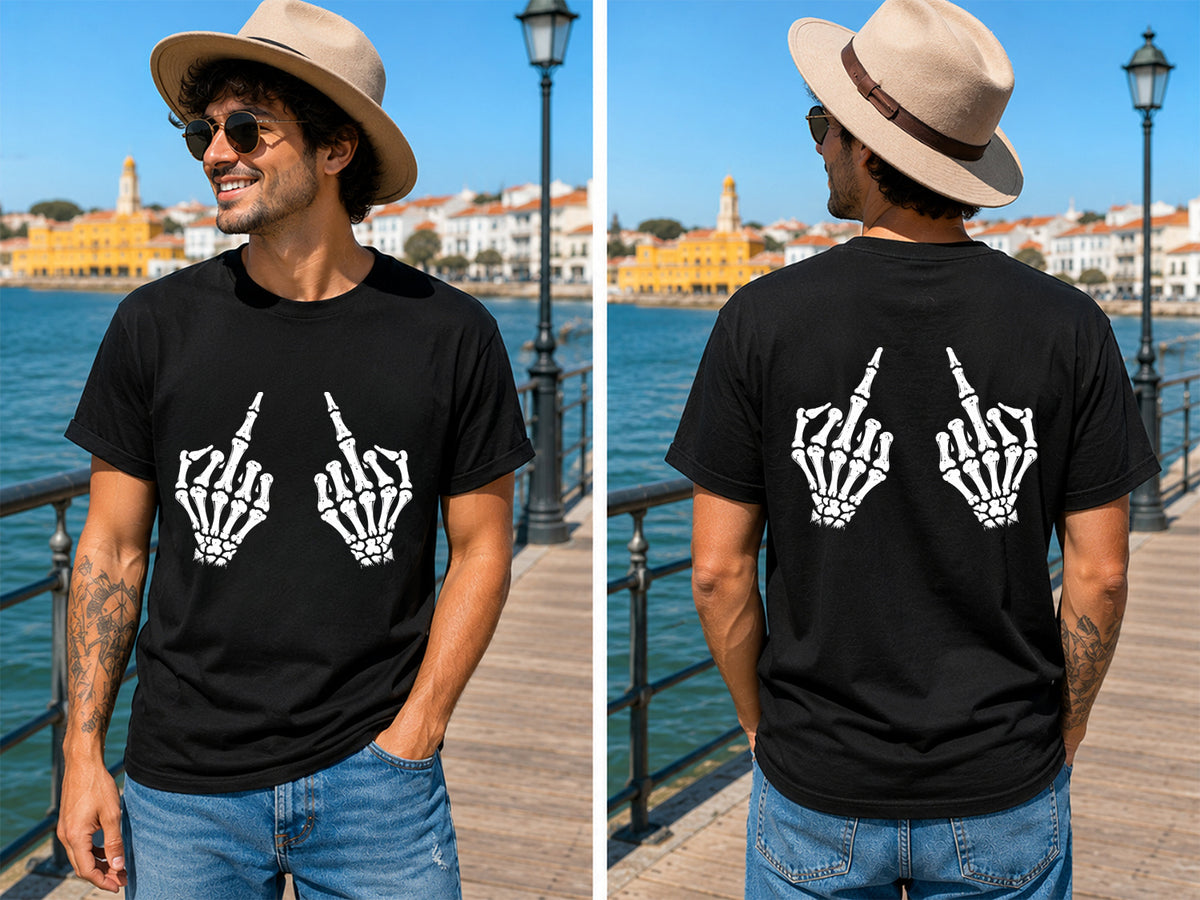 Skeleton Double Salute - Men's T-Shirt in black, showing alternative front or back print placement