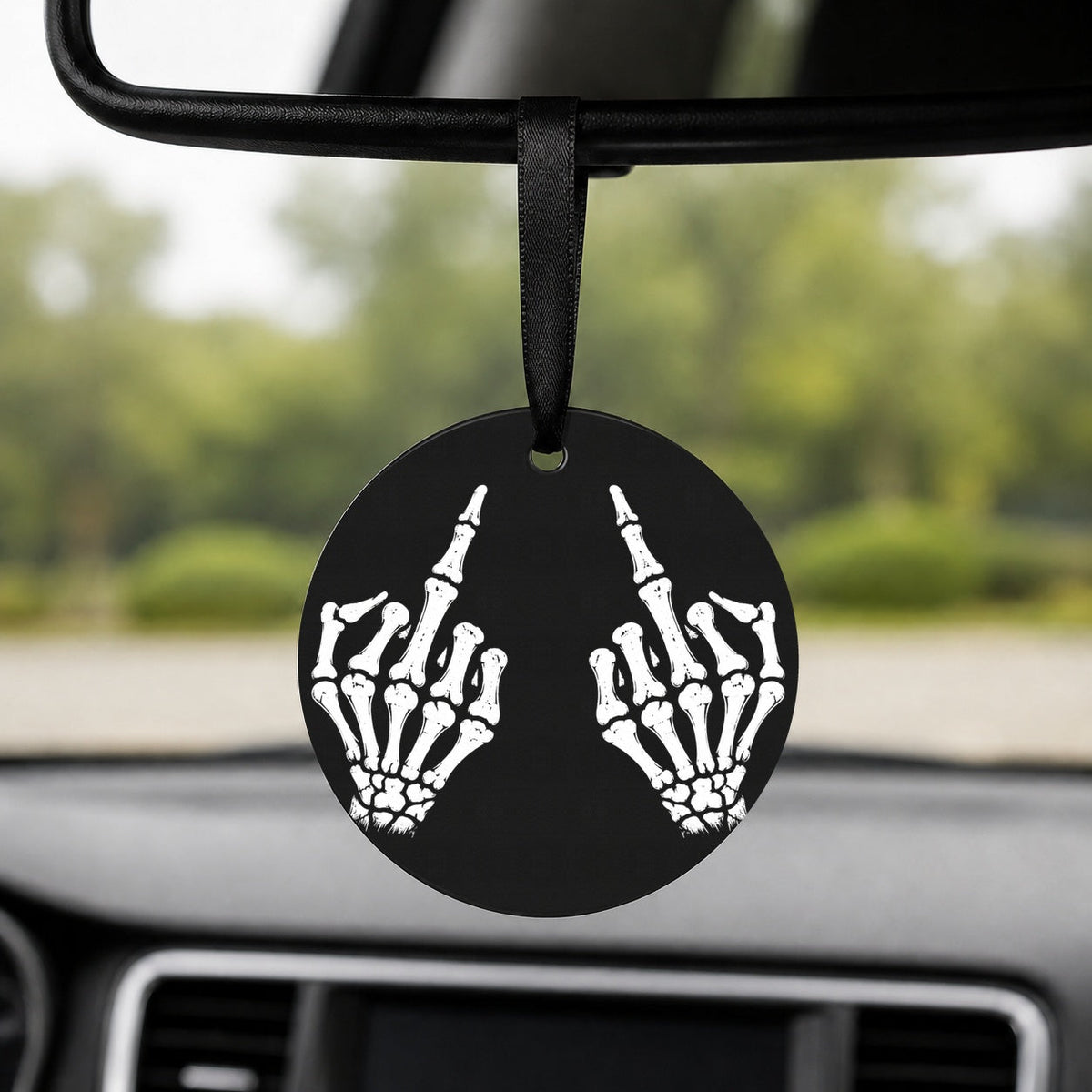 Skeleton Double Salute - Round Car Charm in black