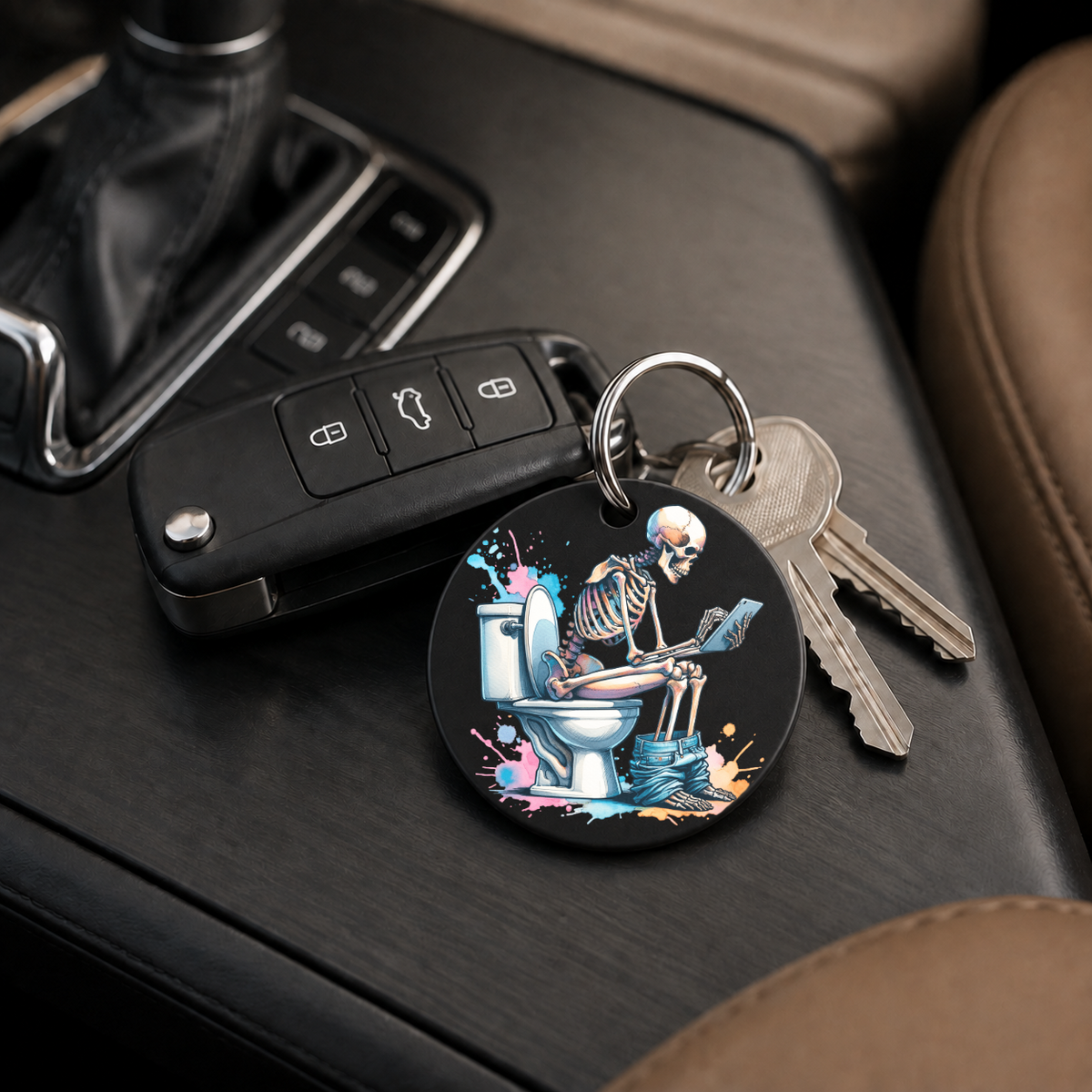 Skeleton On Toilet - Blue Splatter Laptop - Keychain in black