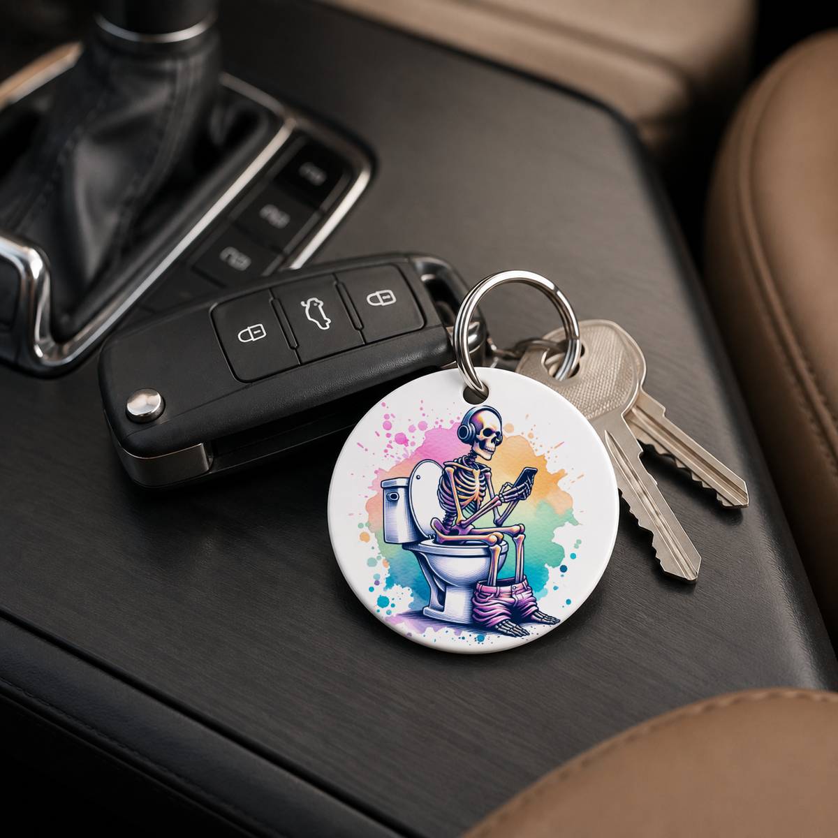 Skeleton On Toilet - Headphones Phone - Keychain in white
