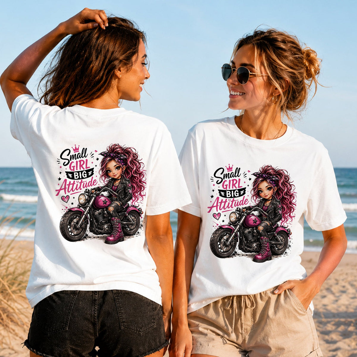 Small Girl Big Attitude - Women's T-Shirt in white, showing alternative back and front print placements on the beach
