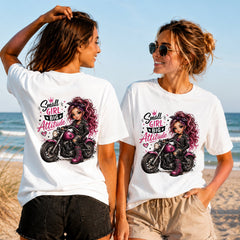 Small Girl Big Attitude - Women's T-Shirt in white, showing alternative back and front print placements on the beach
