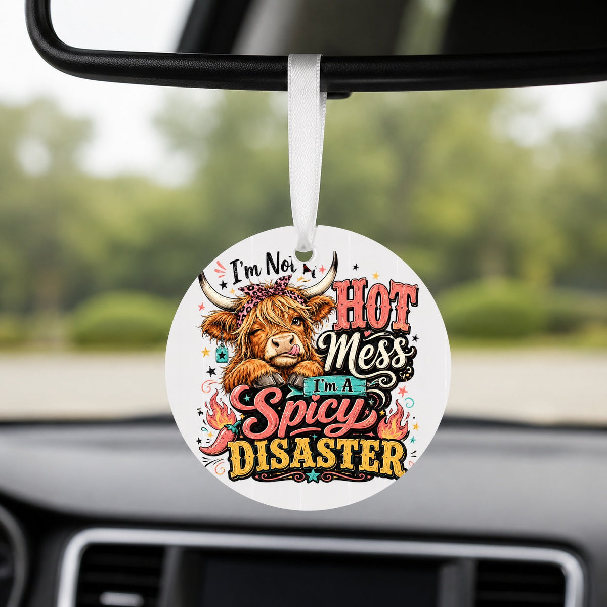 Spicy Disaster Highland Cow - Round Car Charm in white