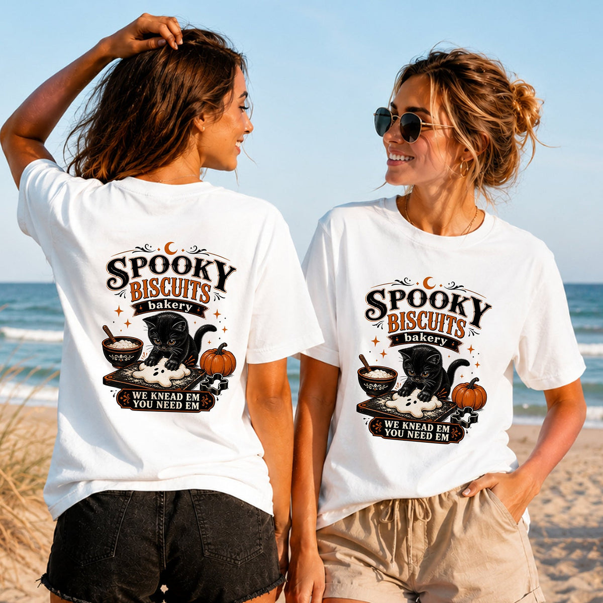Spooky Biscuits - Baking Tray - Women's T-Shirt in white, showing alternative back and front print placements on the beach