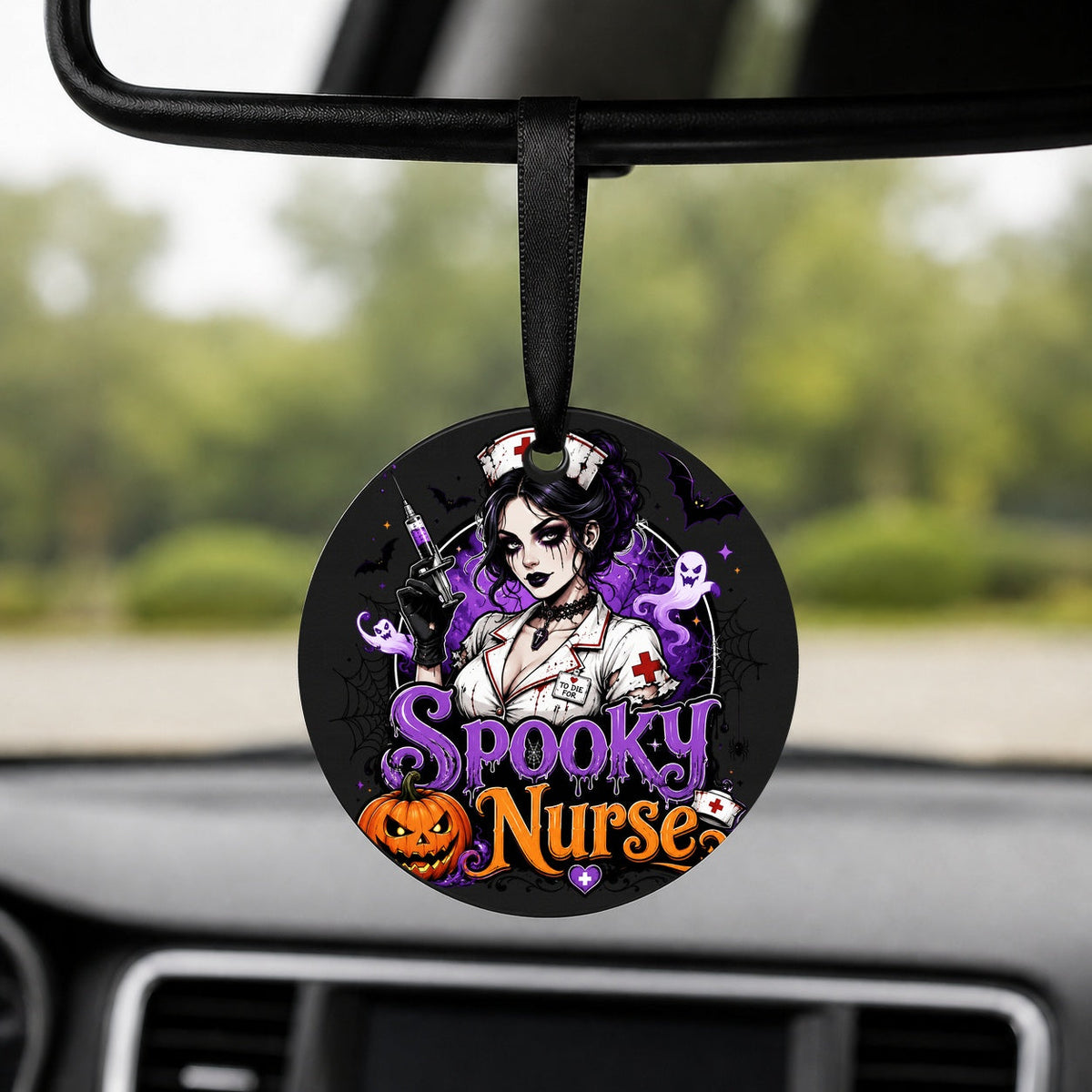 Spooky Nurse - Gothic Girl - Round Car Charm in black