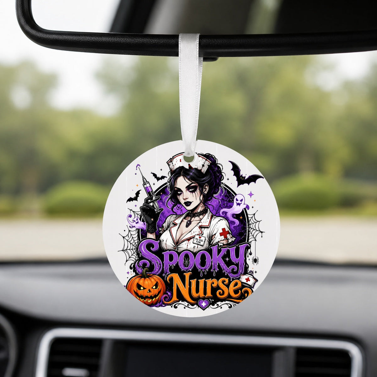 Spooky Nurse - Gothic Girl - Round Car Charm in white