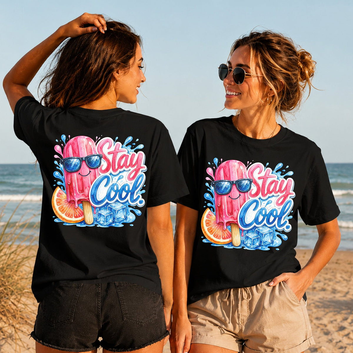 Stay Cool Popsicle - Women's T-Shirt in black, showing alternative back and front print placements on the beach