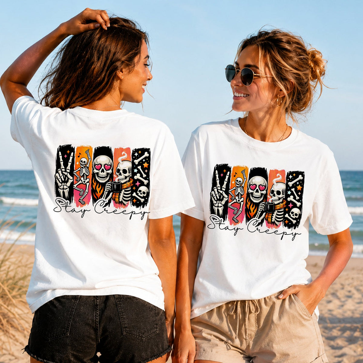 Stay Creepy Skeletons - Women's T-Shirt in white, showing alternative back and front print placements on the beach