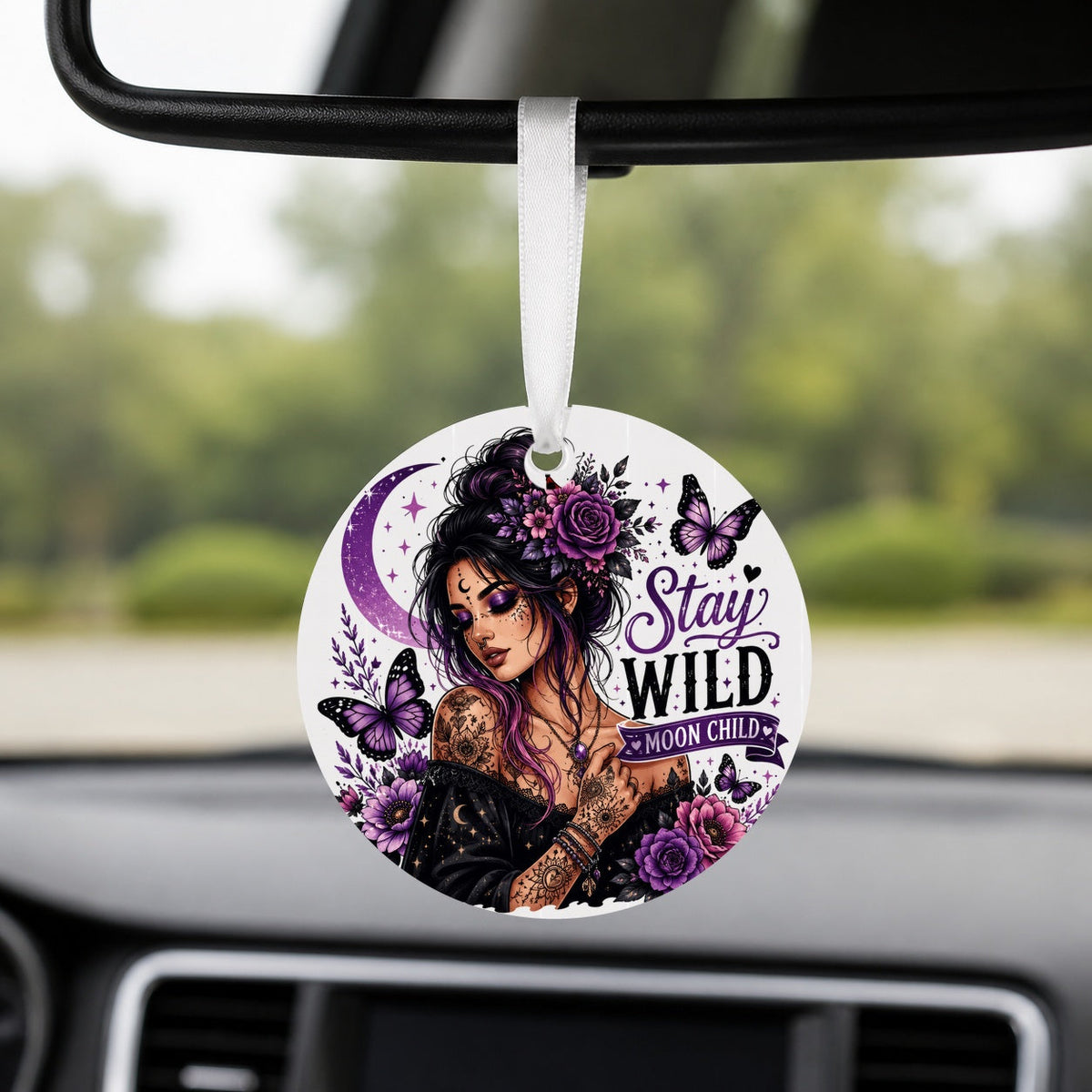 Stay Wild Moon Child - Round Car Charm in white