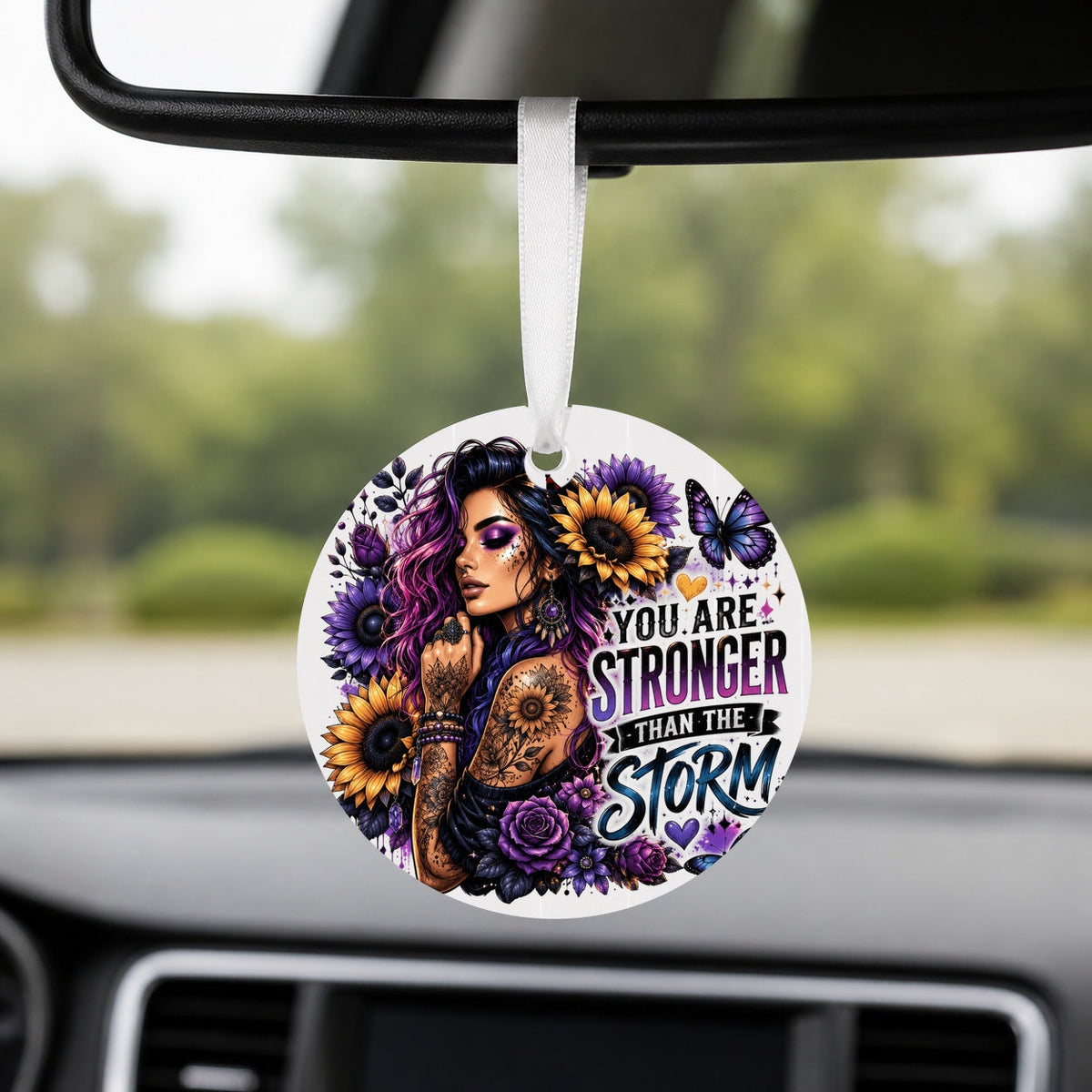 Stronger Than the Storm - Round Car Charm in white