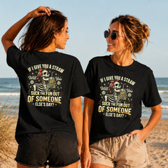 Suck the Fun Out of Someone Else's Day - Women's T-Shirt in black, showing alternative back and front print placements on the beach