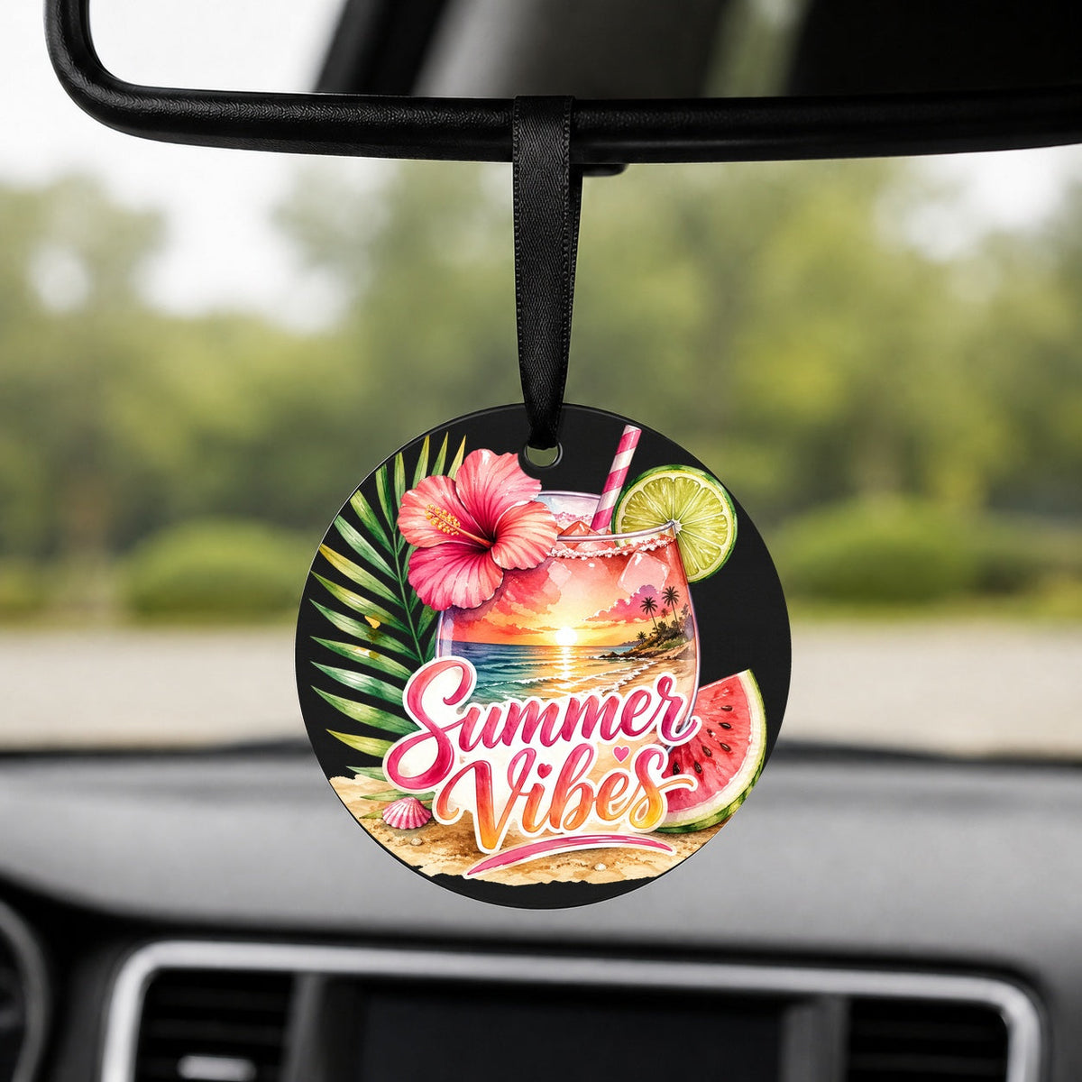 Summer Vibes Cocktail - Round Car Charm in black