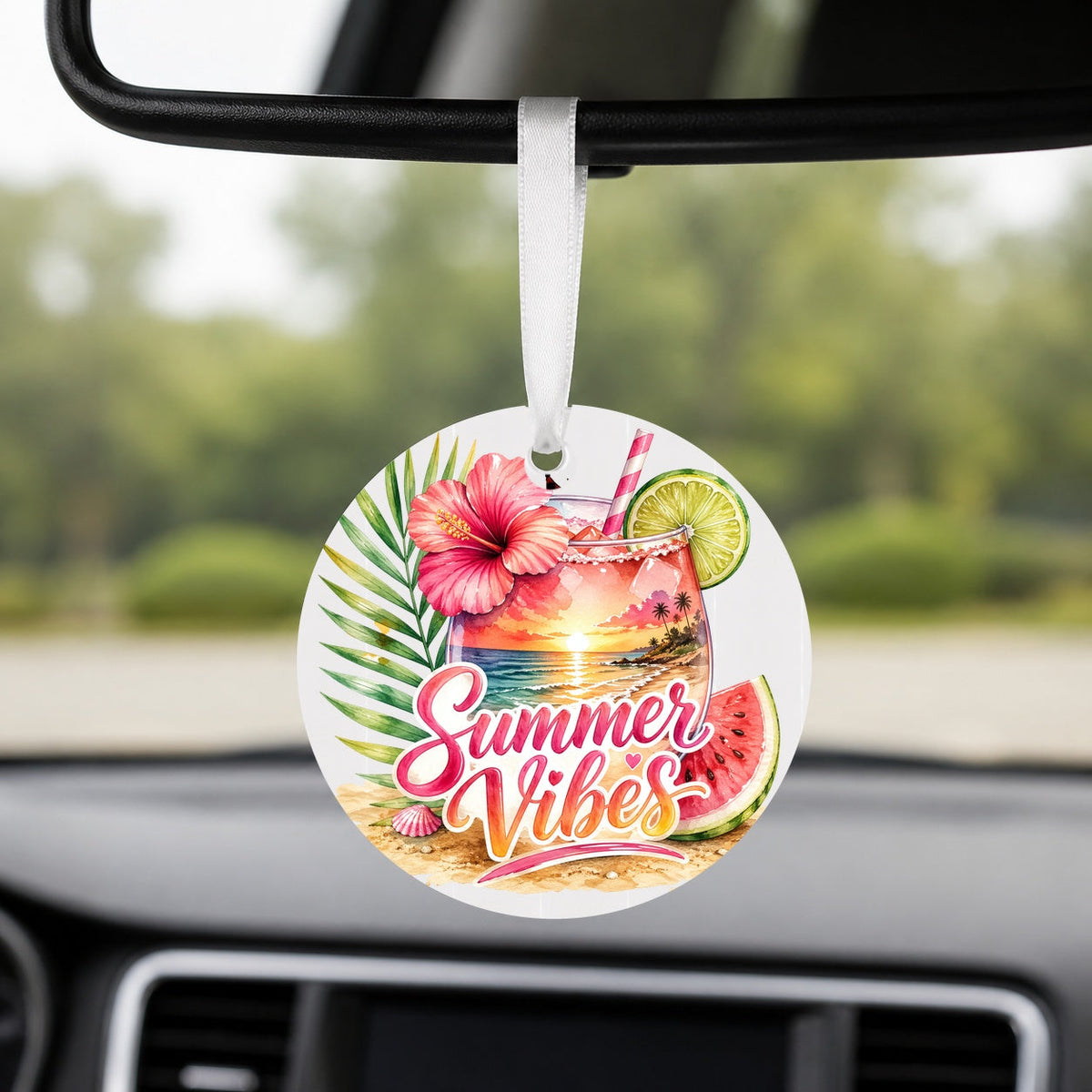 Summer Vibes Cocktail - Round Car Charm in white